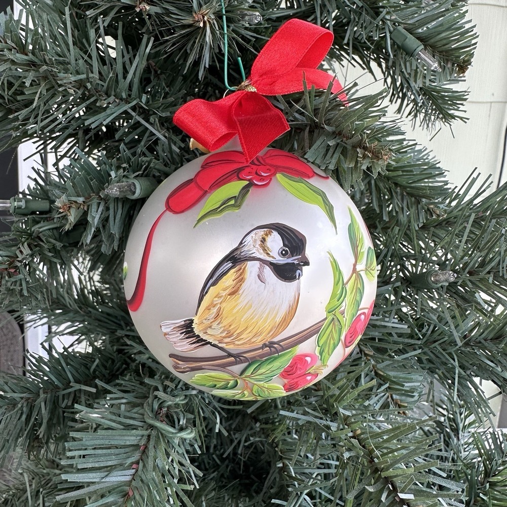VTG Rare Lenox Winter Greetings Chickadee Glass Ball Ornament With Box